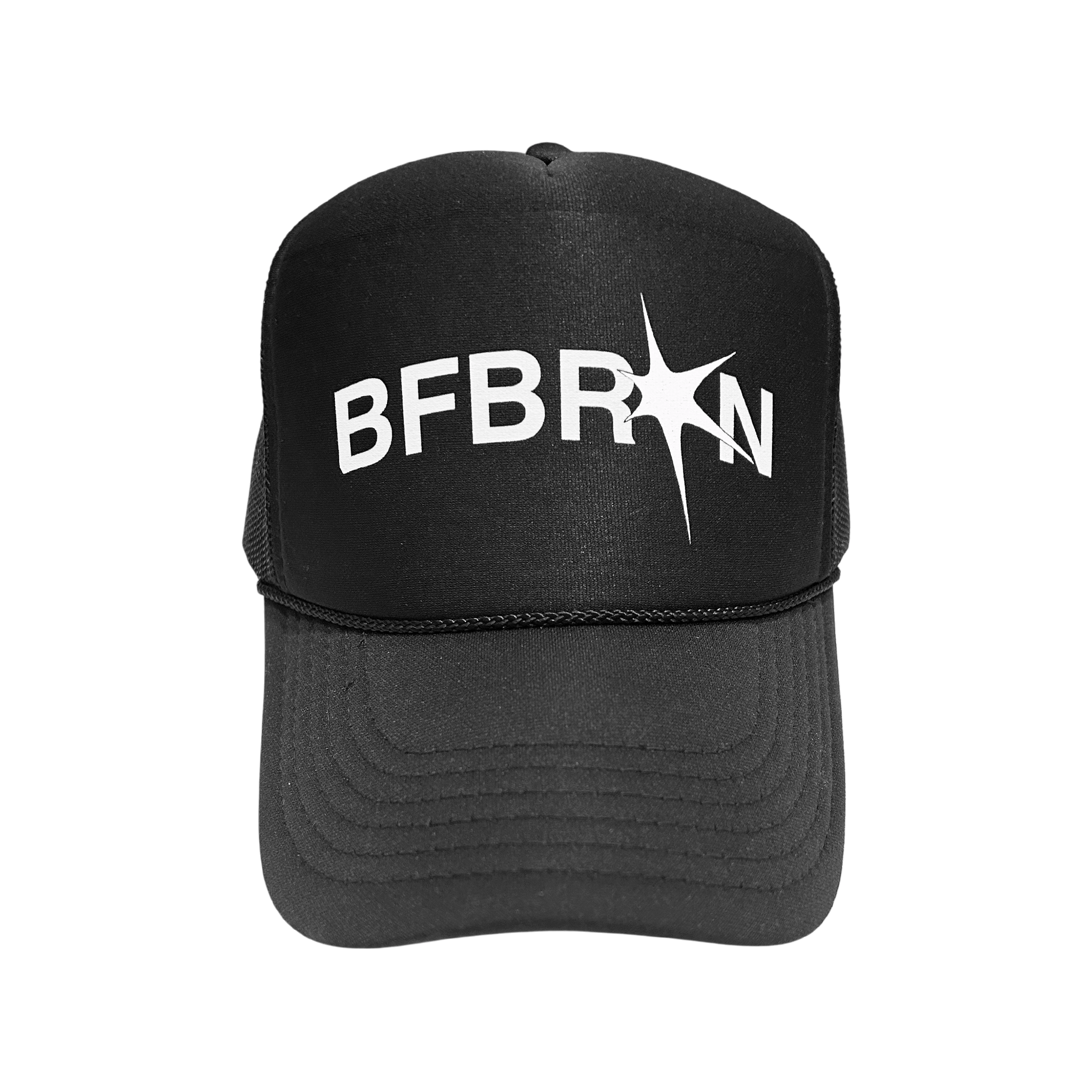 BFBRKN Trucker (Black) adjustable curved brim trucker hat with structured silhouette and color-match under brim.